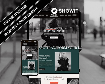 May include: A website design for a business coach, displayed on a laptop and a smartphone. The website features the text "Cultivate Your Business Empire" and "Transform Your Life". The Showit logo is visible at the top.