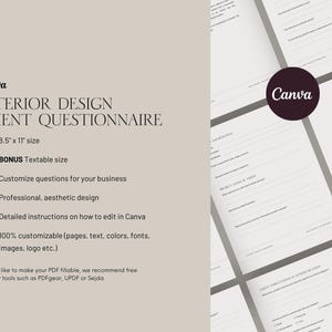 Pode incluir: Um modelo de question&aacute;rio para clientes de design de interiores Canva. O modelo tem 21,6 cm x 27,9 cm, &eacute; edit&aacute;vel e personaliz&aacute;vel. Apresenta um design profissional com instru&ccedil;&otilde;es detalhadas para edi&ccedil;&atilde;o no Canva. &Eacute; 100% personaliz&aacute;vel.