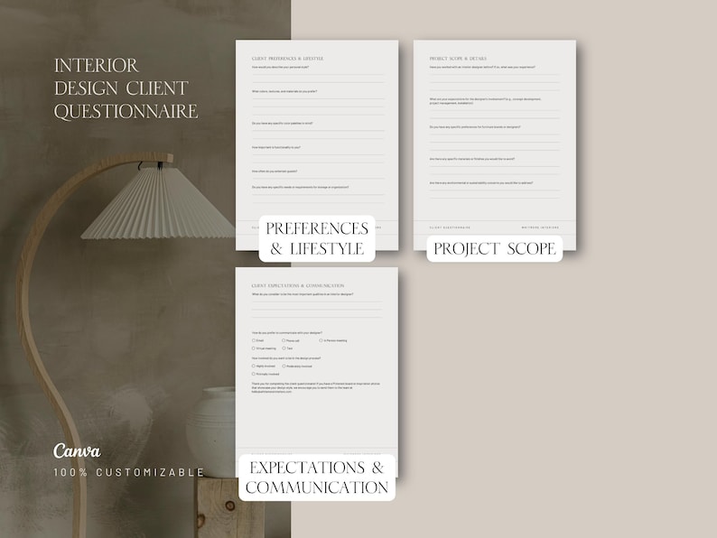 Modelo de questionário para clientes de design de interiores no Canva (editável) - Formulário de cadastro de clientes - Consulta de design de interiores - Novo cliente - Decorador de interiores imagem 5