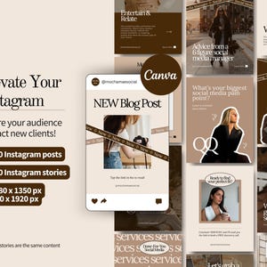 May include: A digital marketing template set for Instagram, featuring a neutral color palette with brown and beige tones. The design includes templates for posts and stories, with the text "Elevate Your Instagram" and "NEW Blog Post".