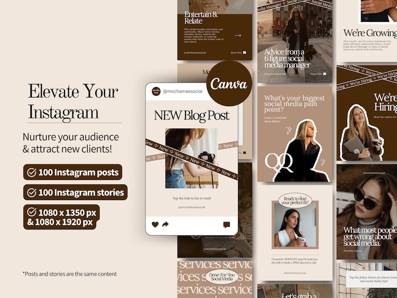 May include: A digital marketing template set for Instagram, featuring a neutral color palette with brown and beige tones. The design includes templates for posts and stories, with the text "Elevate Your Instagram" and "NEW Blog Post".