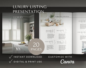 May include: A brochure titled "Luxury Listing Presentation" with the text "20 Pages." The cover features a kitchen interior. Inside, the brochure details marketing strategies, including professional photography, virtual tours, and online listings. The Canva logo is visible.