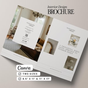 May include: An open brochure titled "Interior Design Brochure" with the text "Whitmore Interiors." The brochure features images and text, including "A Thoughtful, White Glove Approach to Interior Design." It is available in two sizes: 8.5" x 11" and 11" x 17".