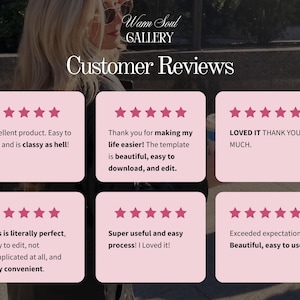 May include: Image featuring customer reviews with pink boxes and star ratings. Text includes phrases like "Excellent product," "easy to edit," and "beautiful, easy to use." The background shows a person in sunglasses.