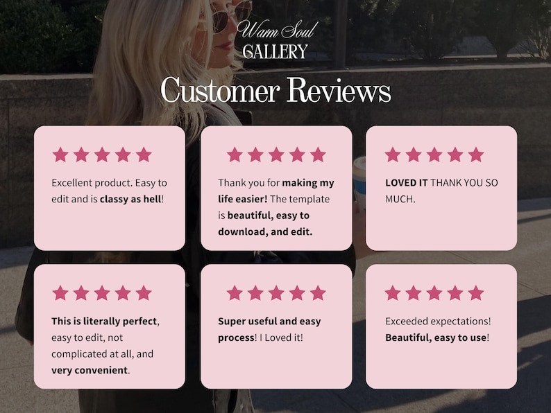 May include: Image featuring customer reviews with pink boxes and star ratings. Text includes phrases like "Excellent product," "easy to edit," and "beautiful, easy to use." The background shows a person in sunglasses.