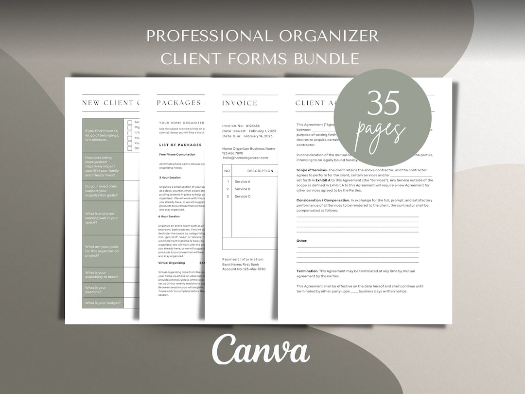 Professional Organizer Client Intake Forms Bundle Canva Template
