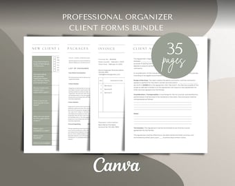 Organizador profesional Paquete de formularios de admisión de clientes Plantilla Canva Formularios de organizador profesional Ordenar lista de verificación Propuesta de plantilla de factura