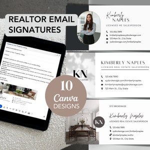 May include: Ten Canva designs for realtor email signatures. Each design features a different image of a home interior, a logo with the initials "KN" and the text "Kimberly Naples" with contact information.