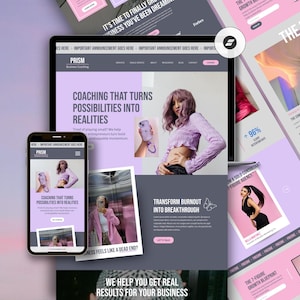 May include: A digital marketing website design displayed on a laptop, smartphone, and other devices. The website features a purple and gray color scheme with the text "Coaching That Turns Possibilities Into Realities". Additional pages are visible.