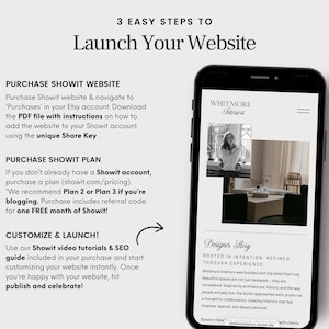 May include: Image showing a smartphone displaying a website design, with text overlayed detailing steps to launch a website. The steps include purchasing a website and plan, and customizing the site.