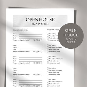 May include: A black and white sign with the text "Open House Sign In Sheet" at the top. The sign has a section for contact information and a section for real estate needs. The real estate needs section has checkboxes for "Just looking", "Plan to buy within a year", "Ready to buy now", and "Have a house to sell".