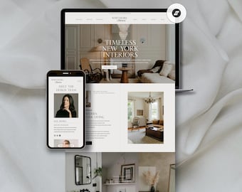 May include: A laptop and smartphone displaying a website for Whitmore Interiors. The website features interior design images and the text "Timeless New York Interiors." The smartphone shows a photo of a woman and the text "Meet the Design Team."