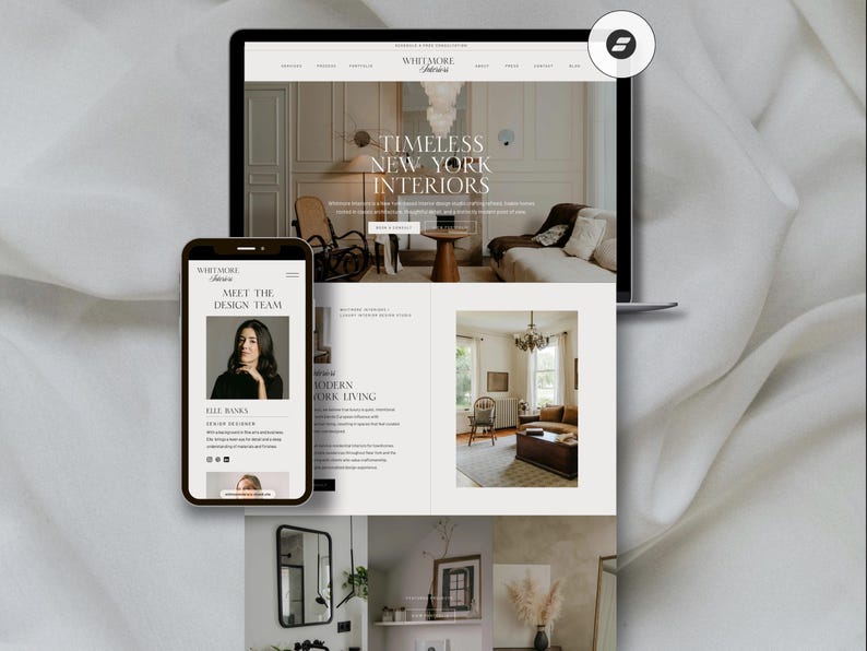 May include: A laptop and smartphone displaying a website for Whitmore Interiors. The website features interior design images and the text "Timeless New York Interiors." The smartphone shows a photo of a woman and the text "Meet the Design Team."