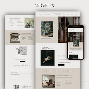 May include: A website design showcasing interior design services. The page layout features text and images, including a mobile phone displaying a similar design. The word "SERVICES" is at the top.