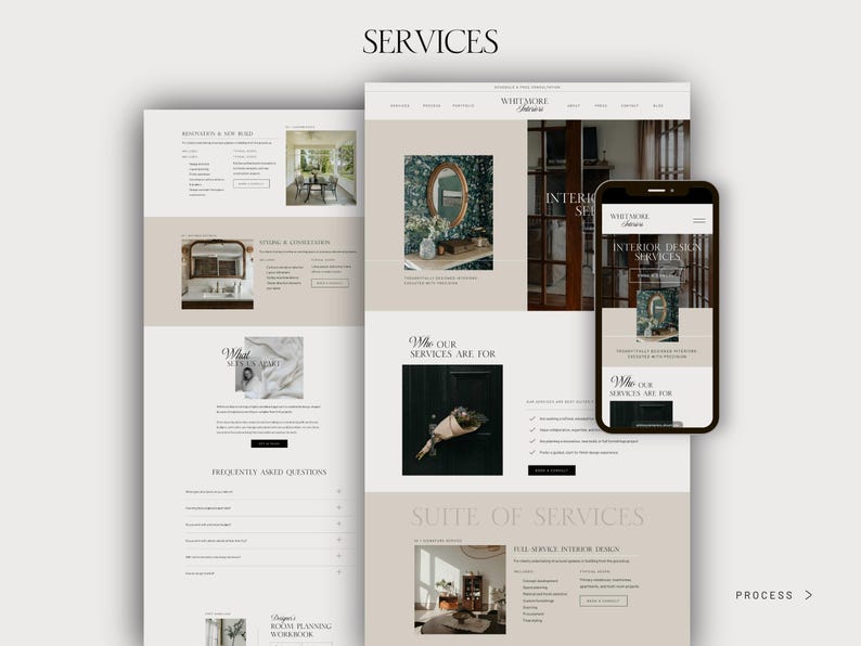 May include: A website design showcasing interior design services. The page layout features text and images, including a mobile phone displaying a similar design. The word "SERVICES" is at the top.