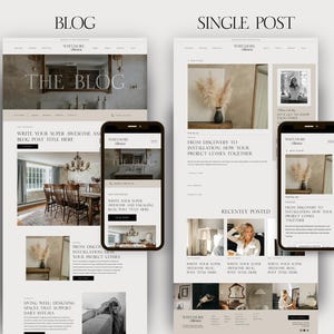 May include: A website design mockup featuring two layouts: "BLOG" and "SINGLE POST." The "BLOG" layout displays a desktop and mobile view, showcasing content with text and images. The "SINGLE POST" layout also includes desktop and mobile views.
