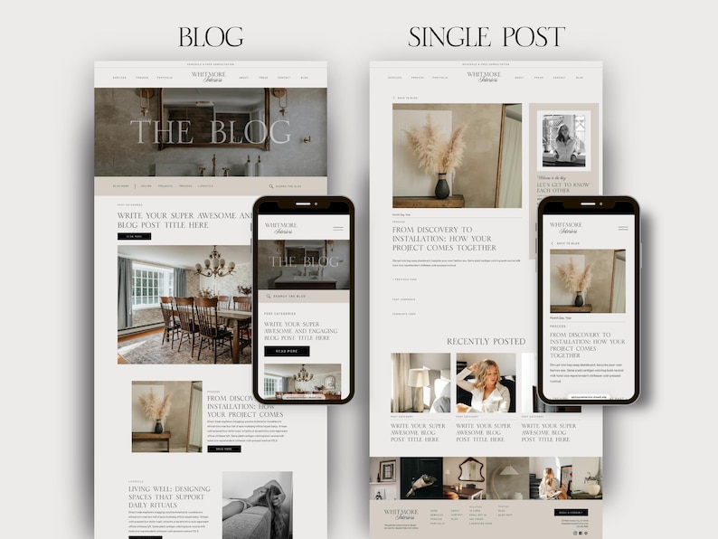 May include: A website design mockup featuring two layouts: "BLOG" and "SINGLE POST." The "BLOG" layout displays a desktop and mobile view, showcasing content with text and images. The "SINGLE POST" layout also includes desktop and mobile views.