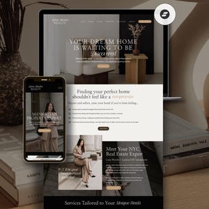 May include: A laptop and smartphone display a real estate website with the text "Your Dream Home Is Waiting To Be Discovered." The phone shows "Manhattan Property Expert." A vase with dried plants and books are in the background.