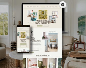May include: A computer monitor and a smartphone displaying the Golden Oak Interiors website. The screen shows a landing page with the text Whimsical & Cozy Interiors, various interior design project photos, and navigation menus on a cream background.