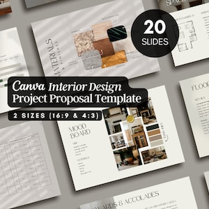 Puede incluir: Una plantilla de Canva para propuestas de proyectos de diseño de interiores. La plantilla incluye 20 diapositivas con un tablero de estado de ánimo, materiales y acabados, plano de planta y detalles de acabado del piso. La plantilla está disponible en dos tamaños: 16:9 y 4:3.