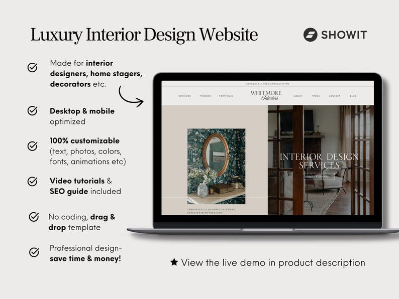 May include: A laptop displays a website for luxury interior design services. Text on the screen includes "Luxury Interior Design Website" and "Interior Design Services." Features include desktop and mobile optimization, 100% customization, video tutorials, and a drag & drop template.