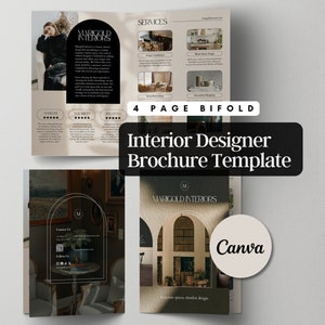 Brochura de designer de interiores Canva Template Serviços de design de interiores Bifold personalizado 4 páginas Modelo de negócios de designer de interiores Casa de luxo