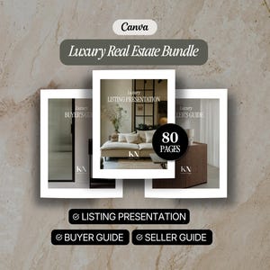 Könnte beinhalten: Ein digitales Luxury Real Estate Bundle Vorlagenset für Canva mit drei Dokumentencovern mit den Titeln Listing Presentation, Buyer's Guide und Seller's Guide. Das mittlere Dokument hebt 80 Seiten mit Innenaufnahmen moderner Wohnräume und dem KN-Logo hervor.