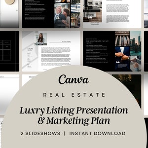 May include: A Canva presentation template for real estate agents. The template features a black and white colour scheme with a modern design. The text on the template reads "Luxry Listing Presentation & Marketing Plan" and "2 Slideshows | Instant Download".
