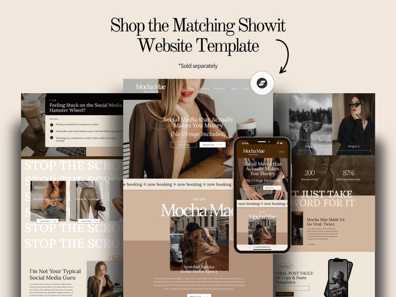 May include: A website template design with a neutral color palette, featuring a phone mockup and various website page layouts. Text includes "Shop the Matching Showit Website Template" and "Mocha Mae".