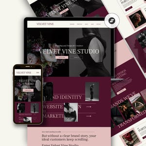 Könnte beinhalten: Ein Website-Design-Konzept, das auf einem Tablet und Smartphone angezeigt wird und das Branding "Velvet Vine Studio" zeigt. Das Design verwendet ein dunkelburgunderfarbenes und weißes Farbschema mit floralen Akzenten und Model-Fotografie. Marketingmaterialien sind sichtbar.