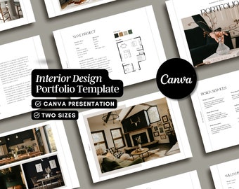 Peut inclure: Un modèle de portfolio de design d'intérieur noir et blanc avec le texte "Interior Design Portfolio Template" et "Canva Presentation" et "Two Sizes". Le modèle présente des images de projets de design d'intérieur, notamment un salon avec une cheminée, une cuisine et une salle à manger.