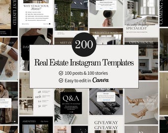 May include: A collection of 200 Real Estate Instagram Templates, including 100 posts and 100 stories, designed for easy editing in Canva. The image features various real estate-themed graphics and text overlays, with a neutral color palette.