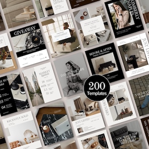 Puede incluir: Una colección de 200 plantillas para redes sociales con una estética moderna y minimalista. Las plantillas presentan una variedad de diseños con texto e imágenes, incluyendo diseños para bienes raíces, decoración del hogar y contenido de estilo de vida.