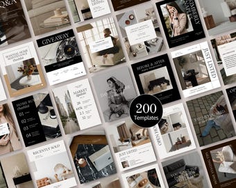 May include: A collection of 200 social media templates with a modern, minimalist aesthetic. The templates feature a variety of designs with text and images, including layouts for real estate, home decor, and lifestyle content.