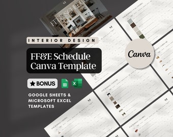 Cronograma de FF&E de design de interiores Modelo Canva Excel Planilhas Google Cronograma de gerenciamento de projetos de design de interiores Cronograma de conclusão Lista de móveis