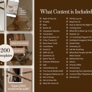 May include: A collection of social media templates and content ideas in shades of brown and beige. The image includes text such as "200 Templates", "Trend Alert", and "What Content is Included?" for social media marketing.