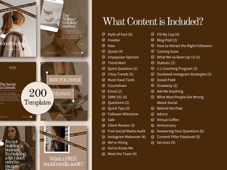 May include: A collection of social media templates and content ideas in shades of brown and beige. The image includes text such as "200 Templates", "Trend Alert", and "What Content is Included?" for social media marketing.