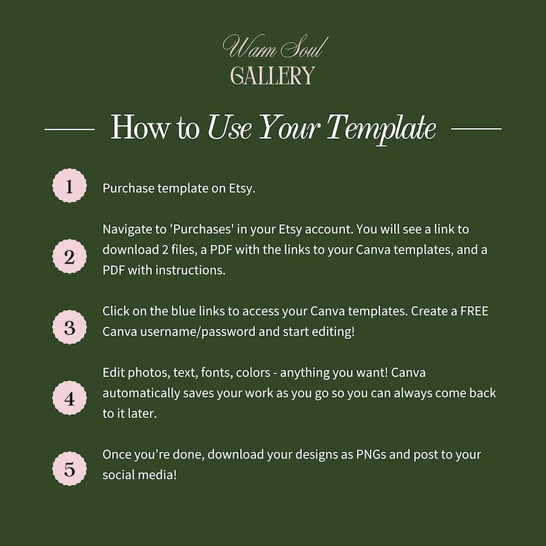 May include: A green background with white text that reads "Warm Soul GALLERY" and "How to Use Your Template." Instructions include purchasing a template on Etsy, accessing Canva templates, and editing designs.