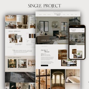 May include: A website design layout featuring interior design project details. The design includes a desktop view and a mobile phone view. The text "SINGLE PROJECT" and "WHITMORE INTERIOR" are visible. The website showcases interior design projects.