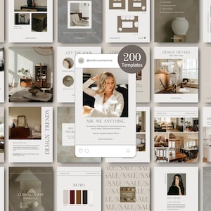 Könnte beinhalten: Eine Sammlung von Innenarchitekturvorlagen mit verschiedenen Layouts und Designtipps. Die Vorlagen umfassen Themen wie das Styling von Regalen, Schlafzimmerdesign und Raum-für-Raum-Anleitungen. Das Bild zeigt auch einen Instagram-Post mit dem Text "Ask Me Anything".
