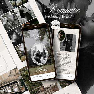 May include: A digital template for a wedding website displayed on two smartphone screens. The design features black and white photography, elegant script typography, and ornate oval frames. Text includes Romantic Wedding Website, Esther, Henry, and Our Story.