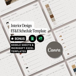 Może przedstawiać: Zestaw szablonów harmonogramu FF&E do projektowania wnętrz. Obraz zawiera tekst "Interior Design FF&E Schedule Template", "BONUS", "GOOGLE SHEETS & MICROSOFT EXCEL TEMPLATES" oraz logo Canva. Szablony są na jasnobeżowym tle.