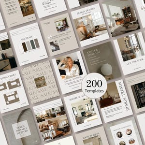 Könnte beinhalten: Eine Sammlung von 200 Designvorlagen mit Tipps und Inspirationen für die Innenarchitektur. Die Vorlagen sind in einer neutralen Farbpalette gehalten und enthalten Texte wie "Design Details", "Neutrals" und "Ask Me Anything."