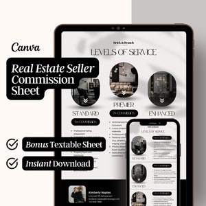 May include: A digital mockup of a real estate commission sheet with three levels of service: Standard, Premier, and Enhanced. The sheet includes a description of the services offered at each level and the corresponding commission rate. The sheet also includes a bonus textable sheet and an instant download option. The sheet is designed in a modern, minimalist style with black and white colors.