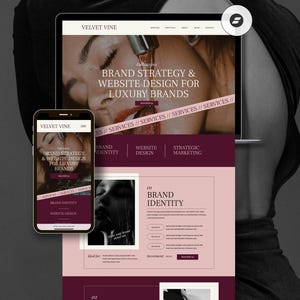 May include: A smartphone and laptop display a website design for luxury brands. The website features a burgundy and cream color scheme with the text "VELVET VINE" and "BRAND STRATEGY & WEBSITE DESIGN FOR LUXURY BRANDS."