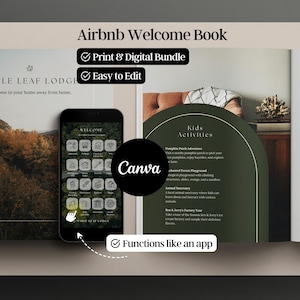 May include: A digital welcome book for Airbnb hosts, featuring a green and brown color scheme. The book includes a section for kids activities and a list of must-see attractions. The book is designed to be easy to edit and functions like an app.