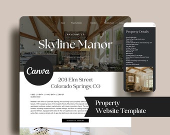 May include: A website template for a real estate property listing. The template features a modern design with a large image of a luxurious home and a text overlay that says "Welcome to Skyline Manor". The text also includes the address "203 Elm Street, Colorado Springs, CO" and the property details: "5 Bed | 4 Bath | 1 Half Bath | 3,459 sq ft | £2,500,000".