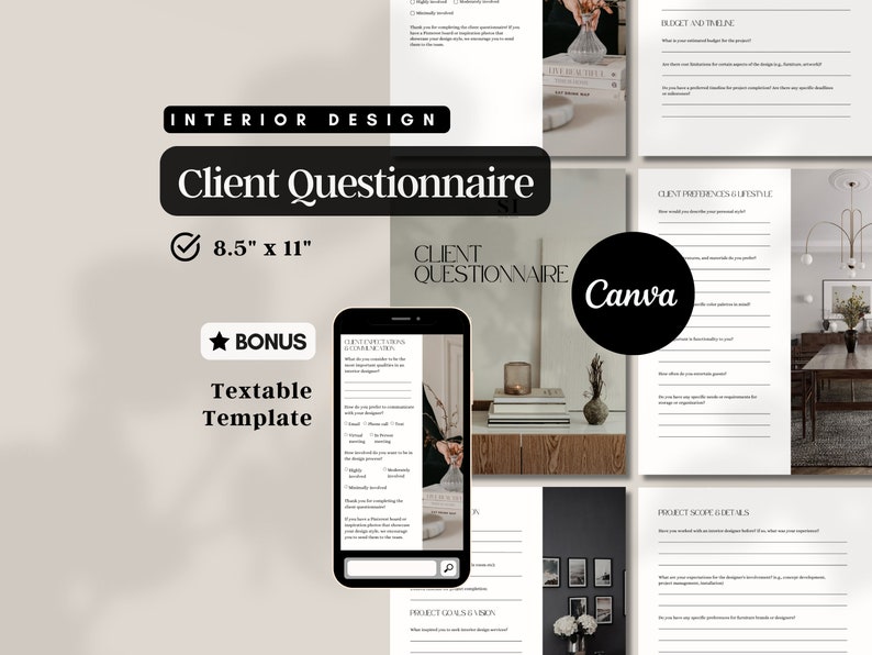 Interior Designer Consultant Client Questionnaire Professional Interior Designer Template Canva Editable Interior Design Client Intake Form Customizable Interior Designer Client Template Business Form Mood Board