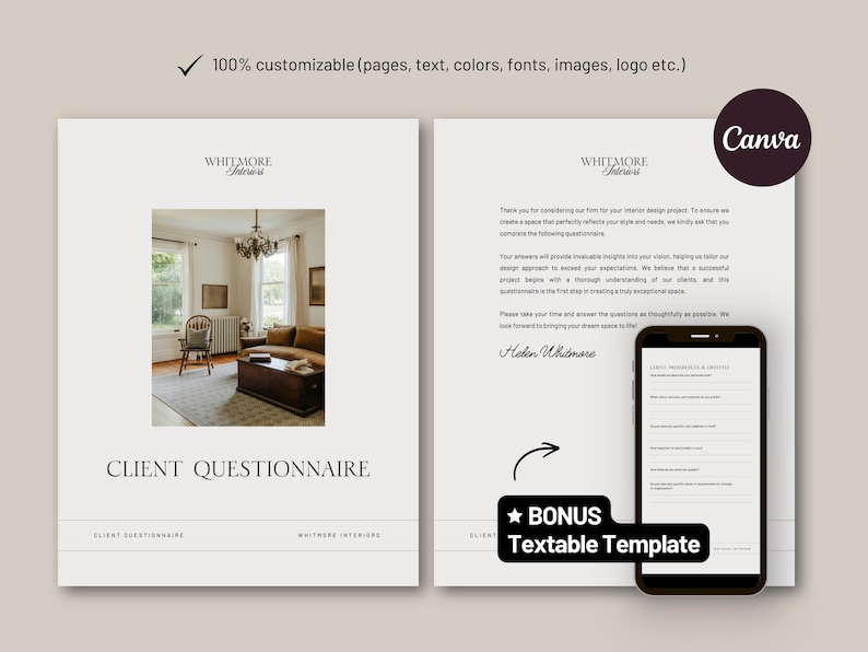 Modelo de questionário para clientes de design de interiores no Canva (editável) - Formulário de cadastro de clientes - Consulta de design de interiores - Novo cliente - Decorador de interiores imagem 2