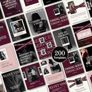 Könnte beinhalten: Eine Sammlung von Social-Media-Vorlagen in Burgunder-, Rosa- und Weißtönen. Die Vorlagen enthalten Text und Bilder, darunter Sätze wie "Coming Soon", "Instagram Followers" und "200 Templates."